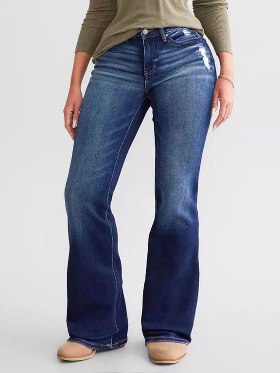 Women's High Rise Flare Jeans Distressed Ripped Stretch Dark Wash Bootcut for Casual Dark Blue