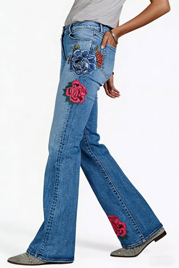 Women's Mid-Rise Flare Jeans with Floral Embroidery - Stretch Denim, Retro Western Style for Casual & Party Wear