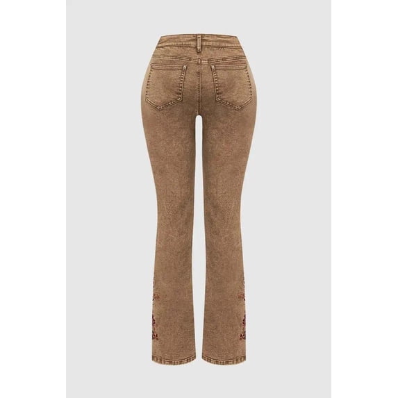 Women's Mid Rise Flare Jeans with Floral Embroidery, Vintage Brown Denim Pants for Western Style