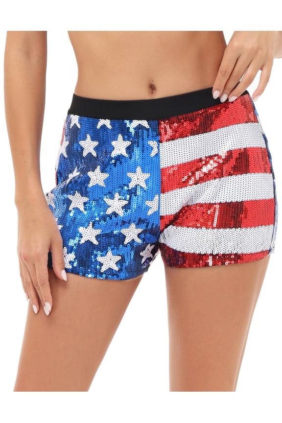 Women's Mid Rise July 4th USA Flag Star Stripes Sparkly Sequin Shorts,X-Large