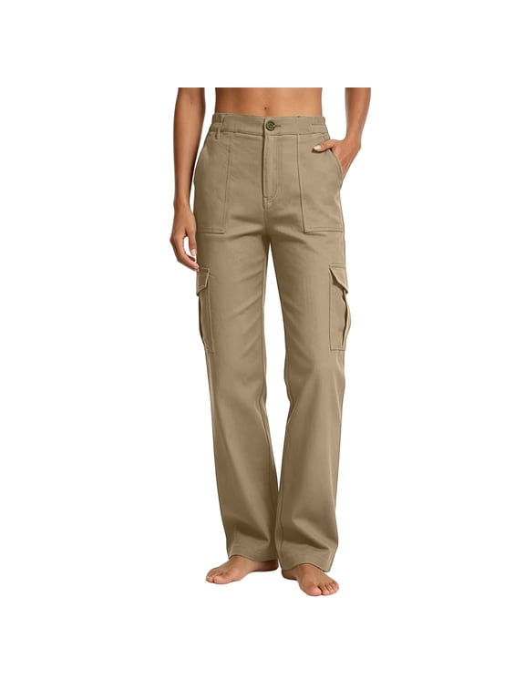Women's Mid-Rise Loose Fit Cargo Boot Pants with Side Pockets Utility Pants for Casual Hiking Outdoor Activities Beige M(M)