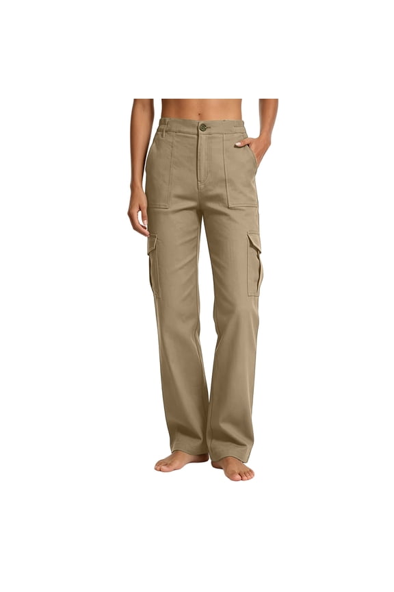 Women's Mid-Rise Loose Fit Cargo Boot Pants with Side Pockets Utility Pants for Casual Hiking Outdoor Activities Beige M(M)