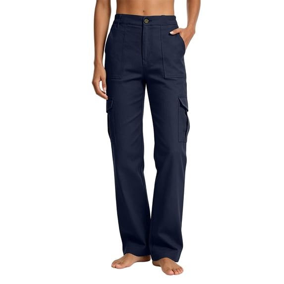 Women's Mid-Rise Loose Fit Cargo Boot Pants with Side Pockets Utility Pants for Casual Hiking Outdoor Activities Dark Blue L(L)