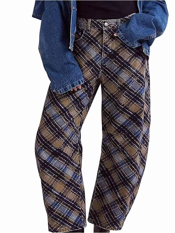 Women's Mid Rise Printed Wide Leg Boyfriend Curved Denim Jeans Grid XXL