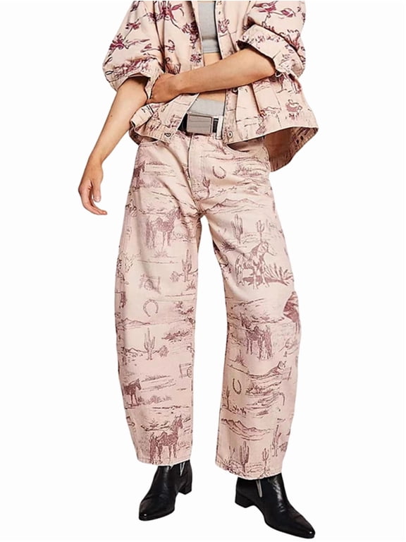 Women's Mid Rise Printed Wide Leg Boyfriend Curved Denim Jeans Pattern S