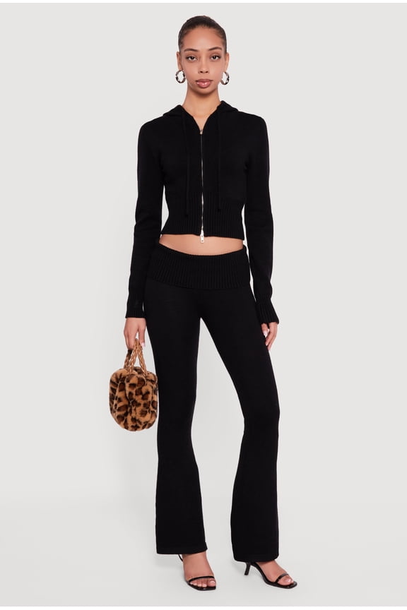 Women's Mid Rise Ribbed Knit Flare Leg Pants