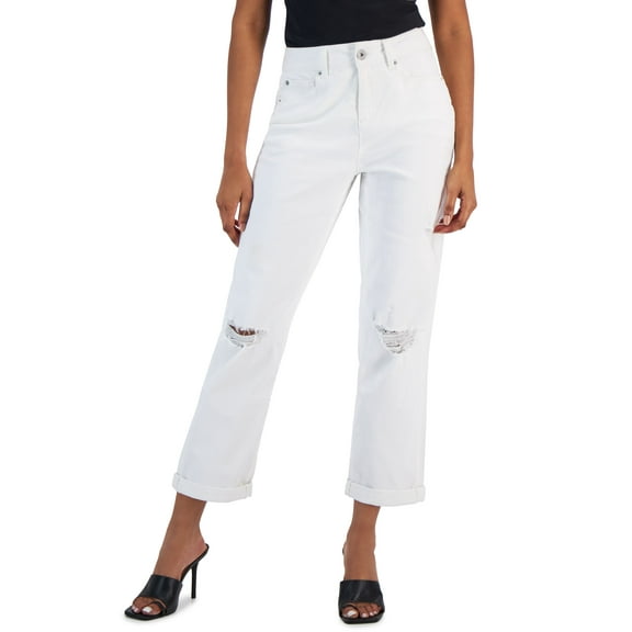 Women's Mid Rise Ripped Boyfriend Jeans Washed White 8