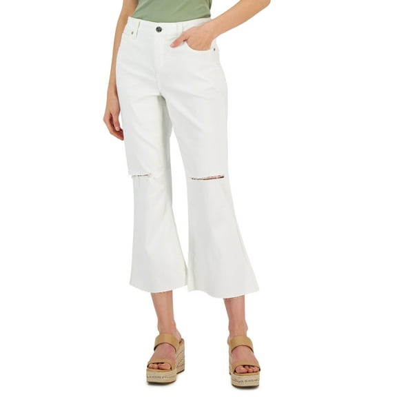 Women's Mid-Rise Ripped Kick Flare Jeans Washed White 0