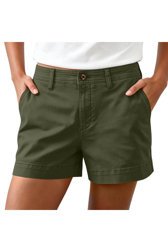 Women's Mid Rise Shorts Casual Twill Shorts with Cuffed Hem Work and Everyday Chino Shorts Pockets Shorts for Women Olive Green S