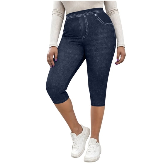 Women's Mid-Rise Slim Fit Capri Stretch Faux Denim Pants High Waisted Faux Pockets