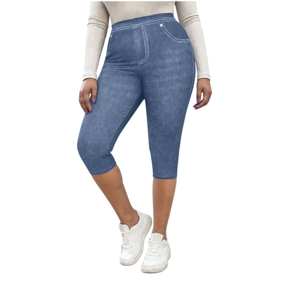 Women's Mid-Rise Slim Fit Capri Stretch Faux Denim Pants High Waisted Faux Pockets