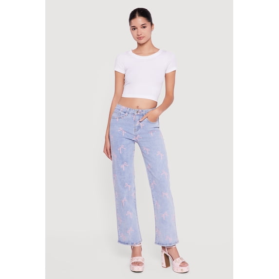 Women's Mid Rise Straight Leg Bow Print Jeans