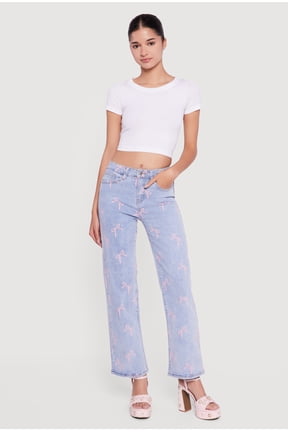 Women's Mid Rise Straight Leg Bow Print Jeans