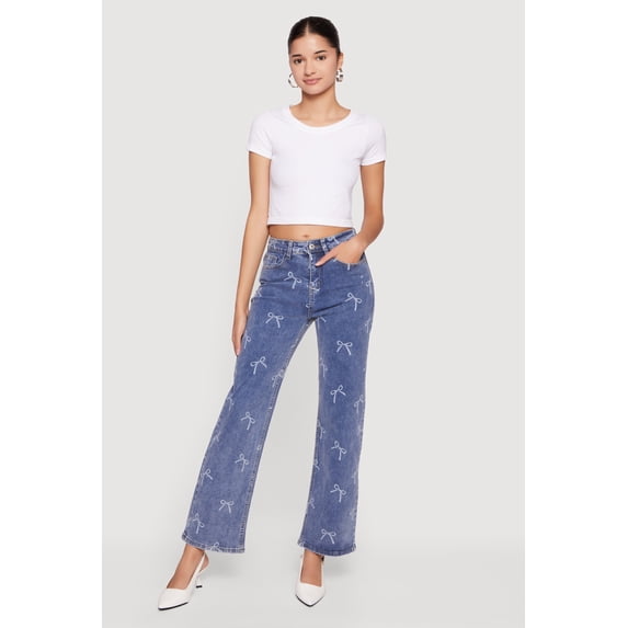 Women's Mid Rise Straight Leg Bow Print Jeans
