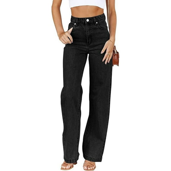 Women's Mid Rise Straight Leg Jeans, Baggy Casual Denim Pants with Classic Five Pockets, Comfortable Cotton Blend Trousers for Daily Wear and Street Fashion Black L