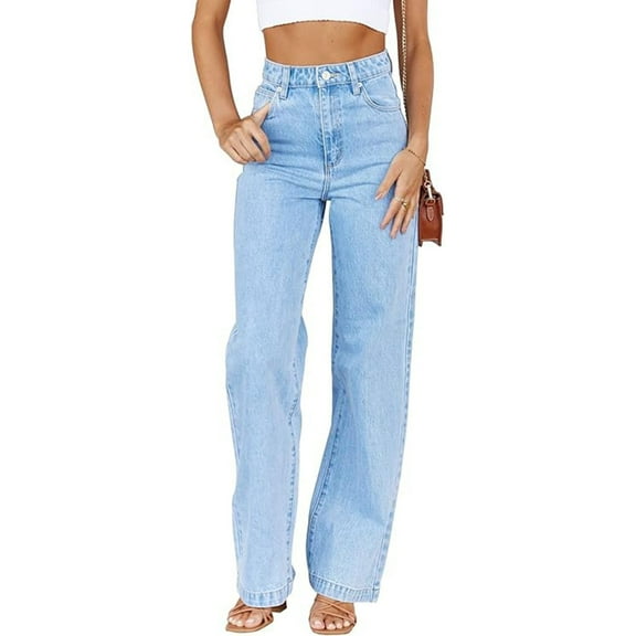 Women's Mid Rise Straight Leg Jeans, Baggy Casual Denim Pants with Classic Five Pockets, Comfortable Cotton Blend Trousers for Daily Wear and Street Fashion Light Blue L
