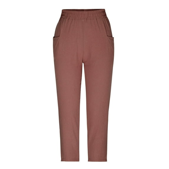 Women's Mid-Rise Straight Stovepipe Pants Solid Color Casual Trousers Loose Stretchy Cotton Linen Slacks with Pockets