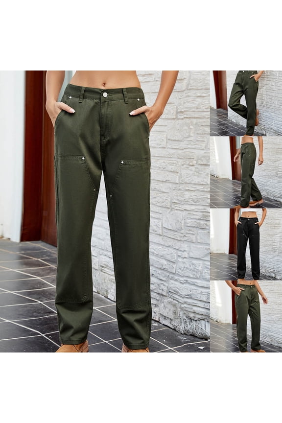 Women's Mid Rise Stretchy Denim Jeans, Full Length Tummy Control Slimming Fit, Button Zipper Fly Functional Pockets, Casual Curvy Straight Leg Pants for Work Office | TruBelle,Army Green L
