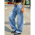 thumbnail image 1 of Women’s Mid Rise Wide Leg Jeans Light Blue Washed Denim with White Lace Trim Baggy Vintage Casual Pants, 1 of 7