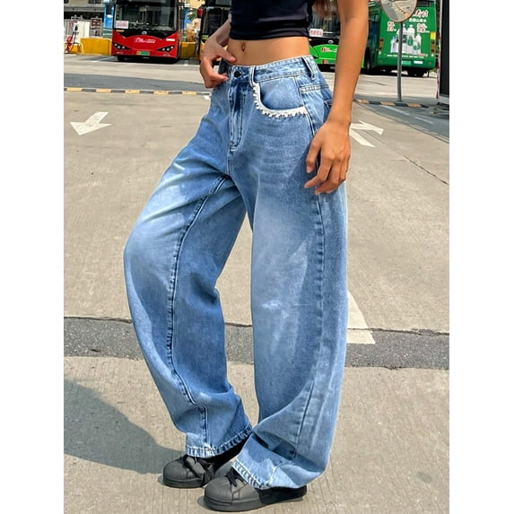 Women’s Mid Rise Wide Leg Jeans Light Blue Washed Denim with White Lace Trim Baggy Vintage Casual Pants