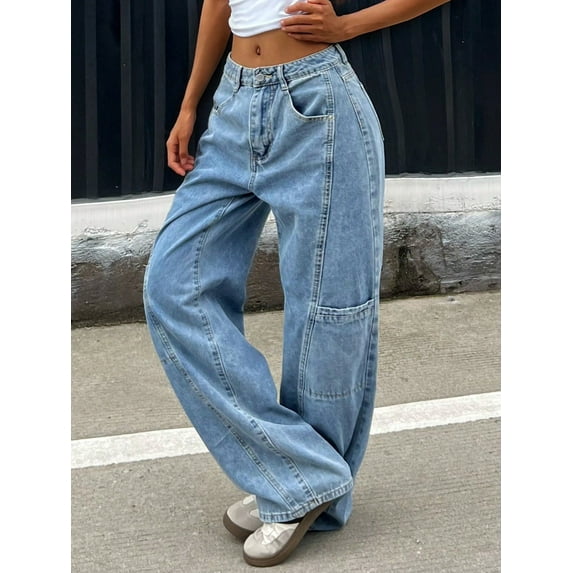 Women's Mid Rise Wide Leg Light Blue Patchwork Cargo Jeans Casual Streetwear Denim Pants