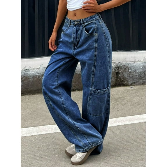Women's Mid Rise Wide Leg Light Blue Patchwork Cargo Jeans Casual Streetwear Denim Pants