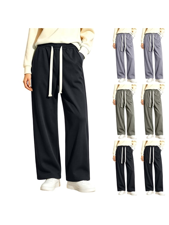 Women's Mid Rise Wide Leg Pants, Elastic Waist Drawstring Pants with Side Pockets & Fleece Lined, Outdoor Hiking Walking Wear | VerBelle,Black M