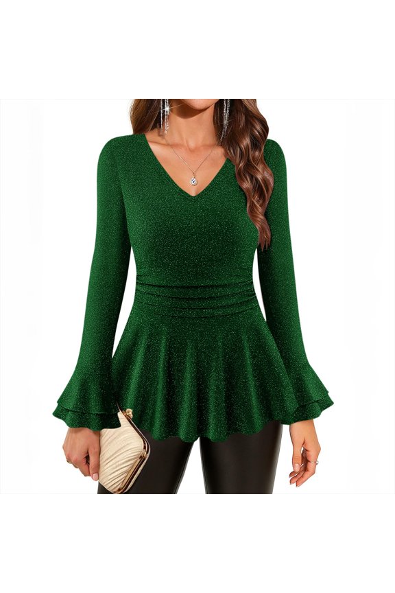 Women's Mid Sleeve Shirt - Smart Casual Blouse with Elastic Hem & Round Neck, Wrinkle-Resistant Work Tops, Ladies Short Sleeve Office Shirt, Solid Color,Green - 2XL