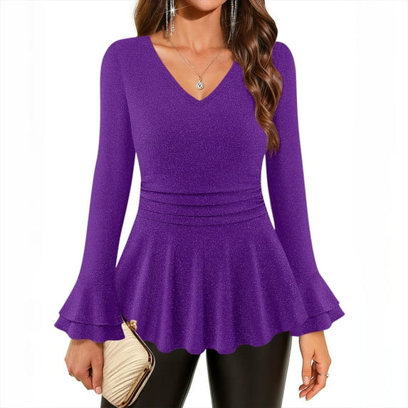 Women's Mid Sleeve Shirt - Smart Casual Blouse with Elastic Hem & Round Neck, Wrinkle-Resistant Work Tops, Ladies Short Sleeve Office Shirt, Solid Color,Purple - L