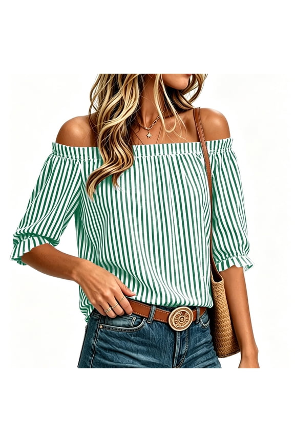 Women's Mid Sleeved Top Baeitkot Women's Striped Elastic One Shoulder Off Shoulder Mid Sleeved Casual Shirt Pullover Top Green L