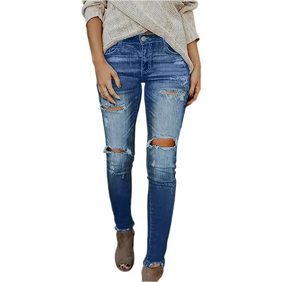 Women's Mid-Stretch Ripped Jeans, Straight Leg Denim Pants with Casual Slim Fit & Comfort Waistband,Blue S