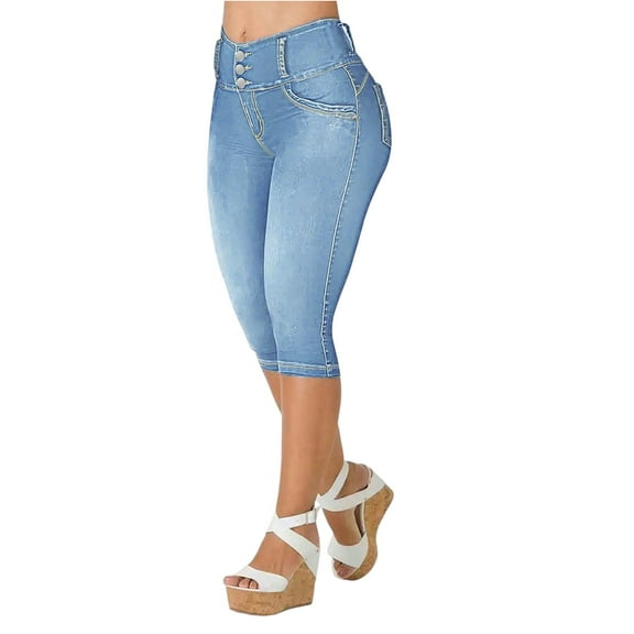 Women's Mid-Stretch Straight Leg Cropped Jeans, Casual Denim Pants with Ripped Details & Versatile Slim Fit,Light Blue M