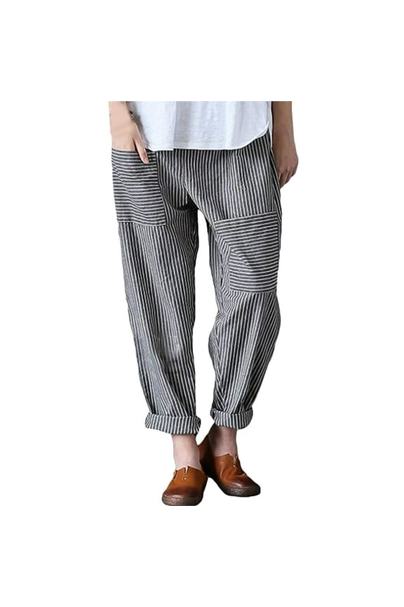 Women's Mid Waist Casual Pants Trousers Slacks Striped Pattern Elastic Waistband Relaxed Fit Stretchy Soft Breathable Flowy for Daily Work Office Lounge Wear Travel Essentials