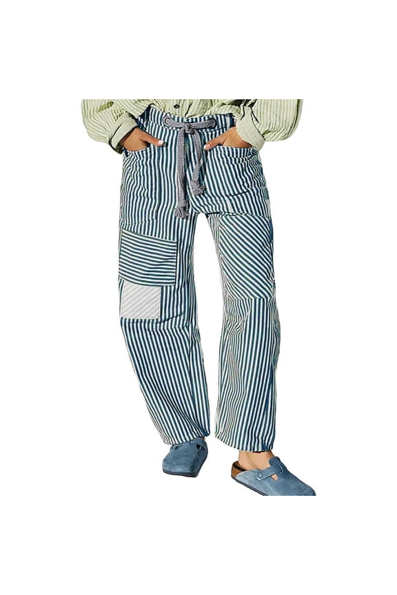 Women's Mid Waist Fashionable Commuting Jeans Loose Wide Leg, Striped Patchwork, Drawstring Pocket