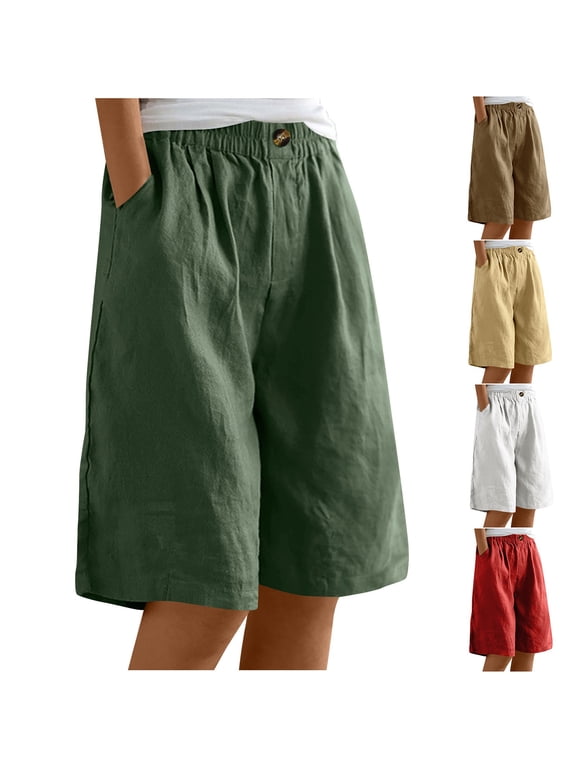 Women's Mid Waist Linen-Blend Casual Shorts, Elastic Waist Pull On with Drawstring, Buttons & Side Pockets, Tummy Control, Relaxed Fit for Summer Beach, Vacation, Daily | TruBelle,White M