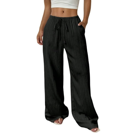 Women's Mid Waist Linen Like Wide Leg Pants, Solid Color Loose Fit Polyester Trousers with Slant Pocket and Knot Detail, Casual Comfortable Summer Beach Vacation Resort Wear Black S