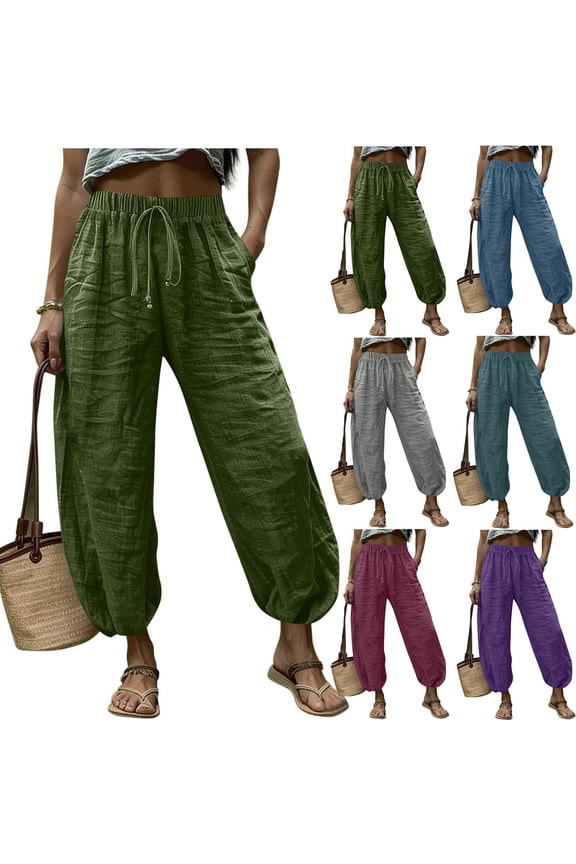 Women's Mid Waist Loose Straight Long Pants, Cotton Blend Casual Yoga Dress Pants for Work Office Travel Lounging, Flowy Slacks with Side Pockets, 2024 Spring Summer | TruBelle,Army Green S