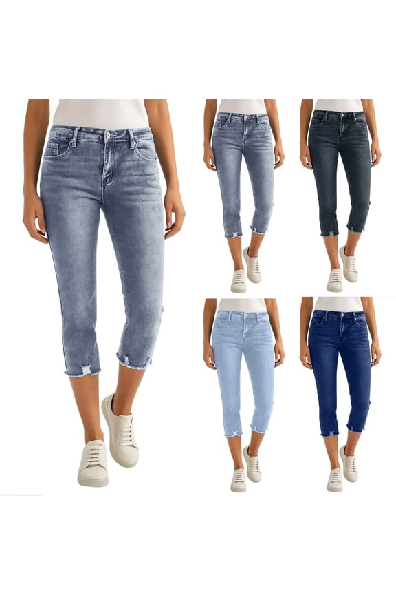 Women's Mid Waist Ripped Denim Capris, Stretchy Comfort with Deep Pockets, Casual Summer Cropped Pants | TruHer,Black S