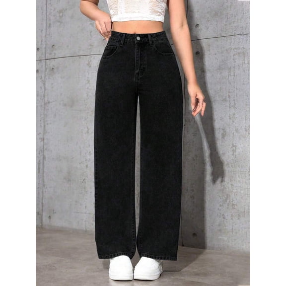 Women's Mid Waist Straight Leg Jeans Loose Fit Denim Pants with Button Fly and Front Pockets