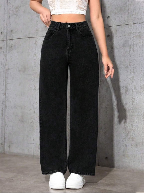 Women's Mid Waist Straight Leg Jeans Loose Fit Denim Pants with Button Fly and Front Pockets