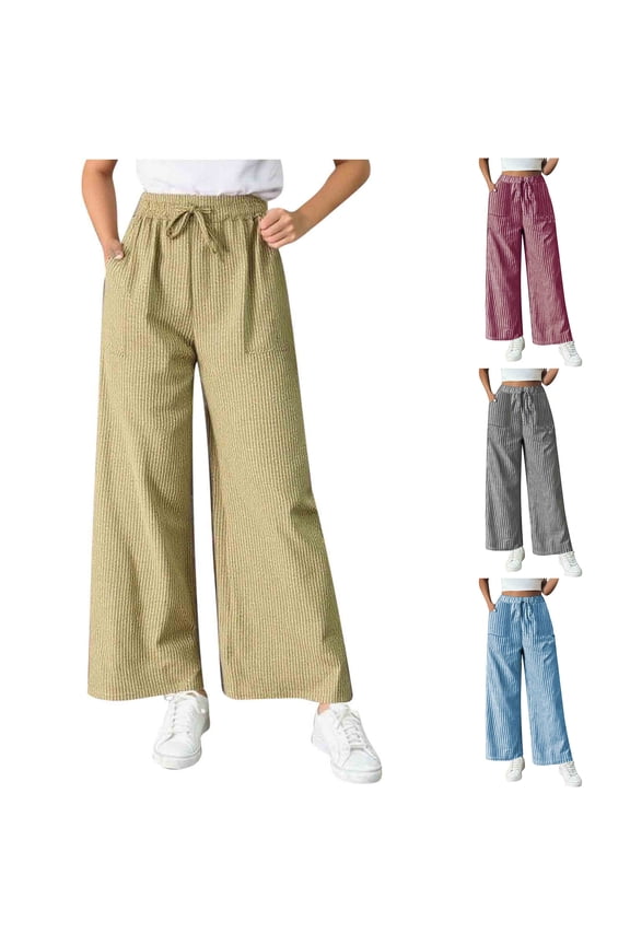 Women's Mid Waist Striped Elastic Pants, Casual Loose Straight Leg Trousers, Stretchy Leisure Sports Bottoms with Pockets, Lounge, Commuting, Streetwear, Travel Essentials