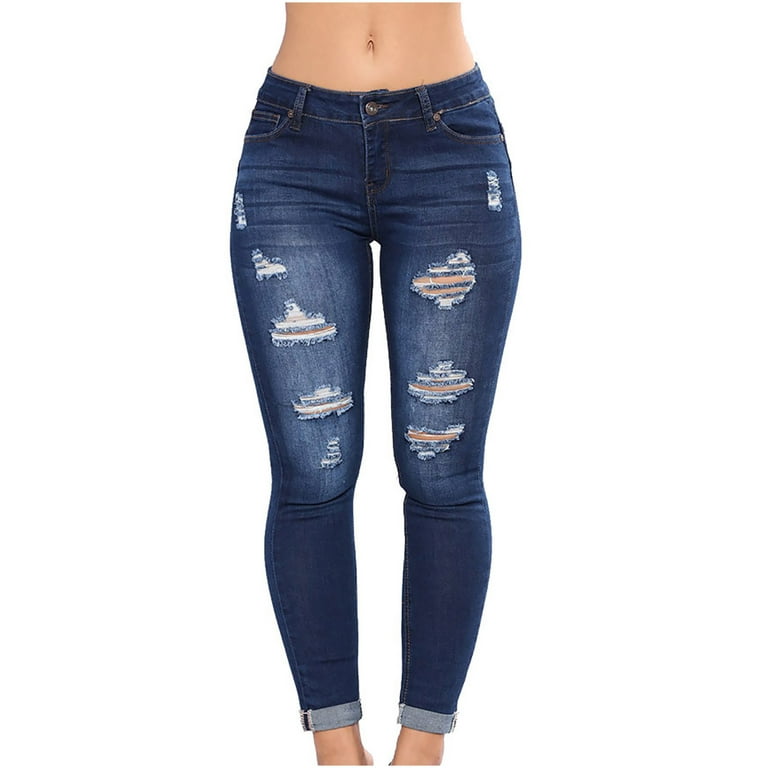 Women High Waist Destroyed Stretch Jeans Trousers Ripped Denim Skinny Pants