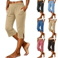 thumbnail image 1 of Women's Mid Waisted Wide Leg Capris, Pleated Loose Fit Tummy Control Casual Pants, Soft Breathable with Functional Pockets, Stretchy Tapered Cropped Pants for Work, Travel, Daily, 1 of 8