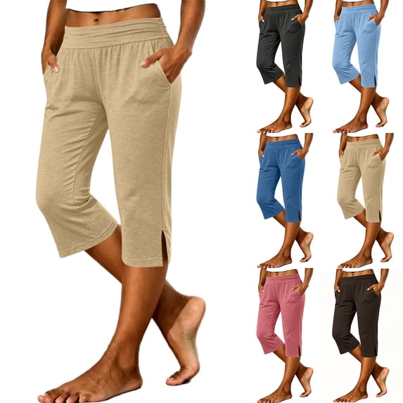 Women's Mid Waisted Wide Leg Capris, Pleated Loose Fit Tummy Control Casual Pants, Soft Breathable with Functional Pockets, Stretchy Tapered Cropped Pants for Work, Travel, Daily