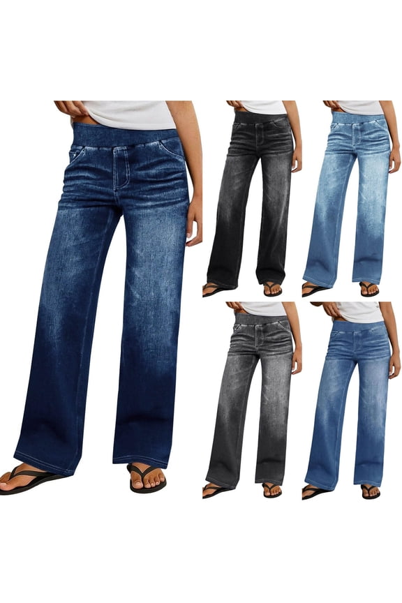 Women's Mid Waisted Wide Leg Denim Jeans with Pockets, Elastic Waist Pull On Trouser, Stretchy Comfort Fit for Walking, Casual Daily Wear or Office Work Easy | TruBelle,Gray 2XL
