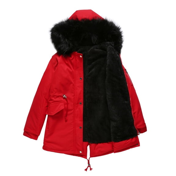 Women's Mid-length Hooded Winter Warm Fleece Lined Cotton Padded Parka Coat, Red, Size M