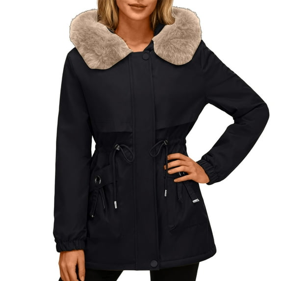 Women's Mid-length Solid Color Cotton Coat with Removable Hood Fur Collar, Black, Size L