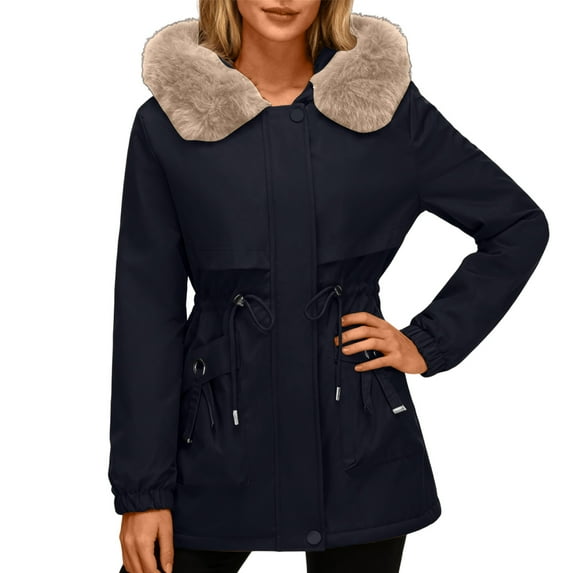 Women's Mid-length Solid Color Cotton Coat with Removable Hood Fur Collar, Dark Blue, Size L