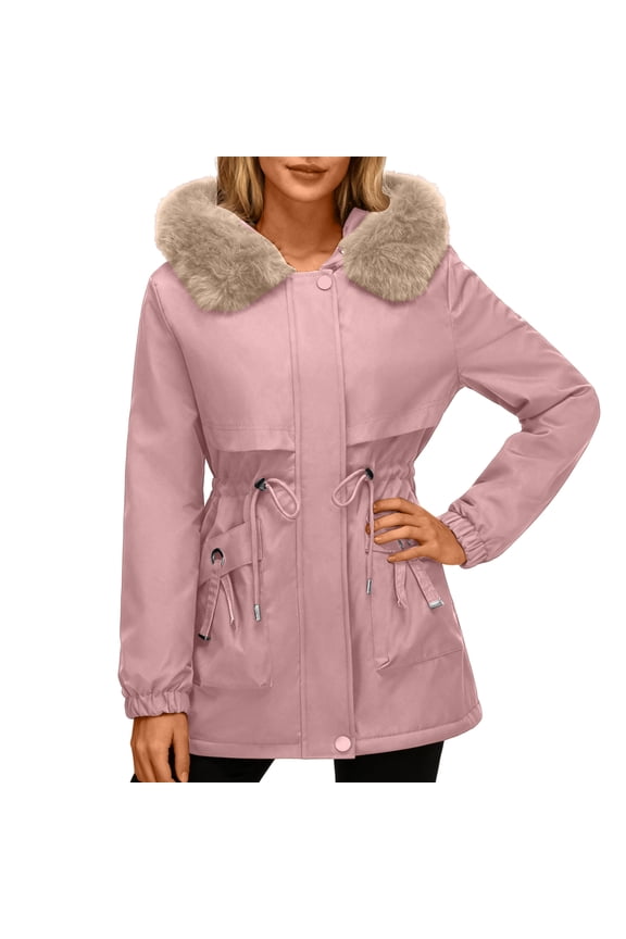 Women's Mid-length Solid Color Cotton Coat with Removable Hood Fur Collar, Pink, Size XL