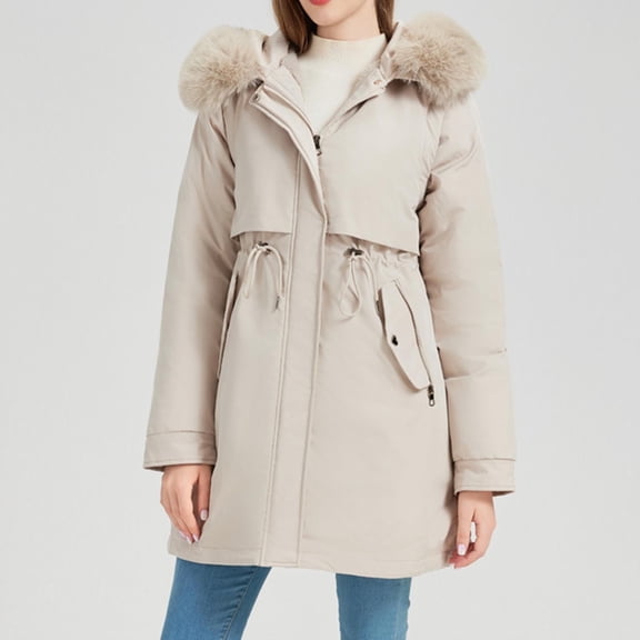 Women's Mid-length Solid Color Hooded Cotton Coat Beige M